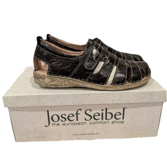 Josef Seibel‎ Ida Black Sandals Loafers Womens Sz US 6.5 EU 37 Leather Fisherman - Picture 1 of 12